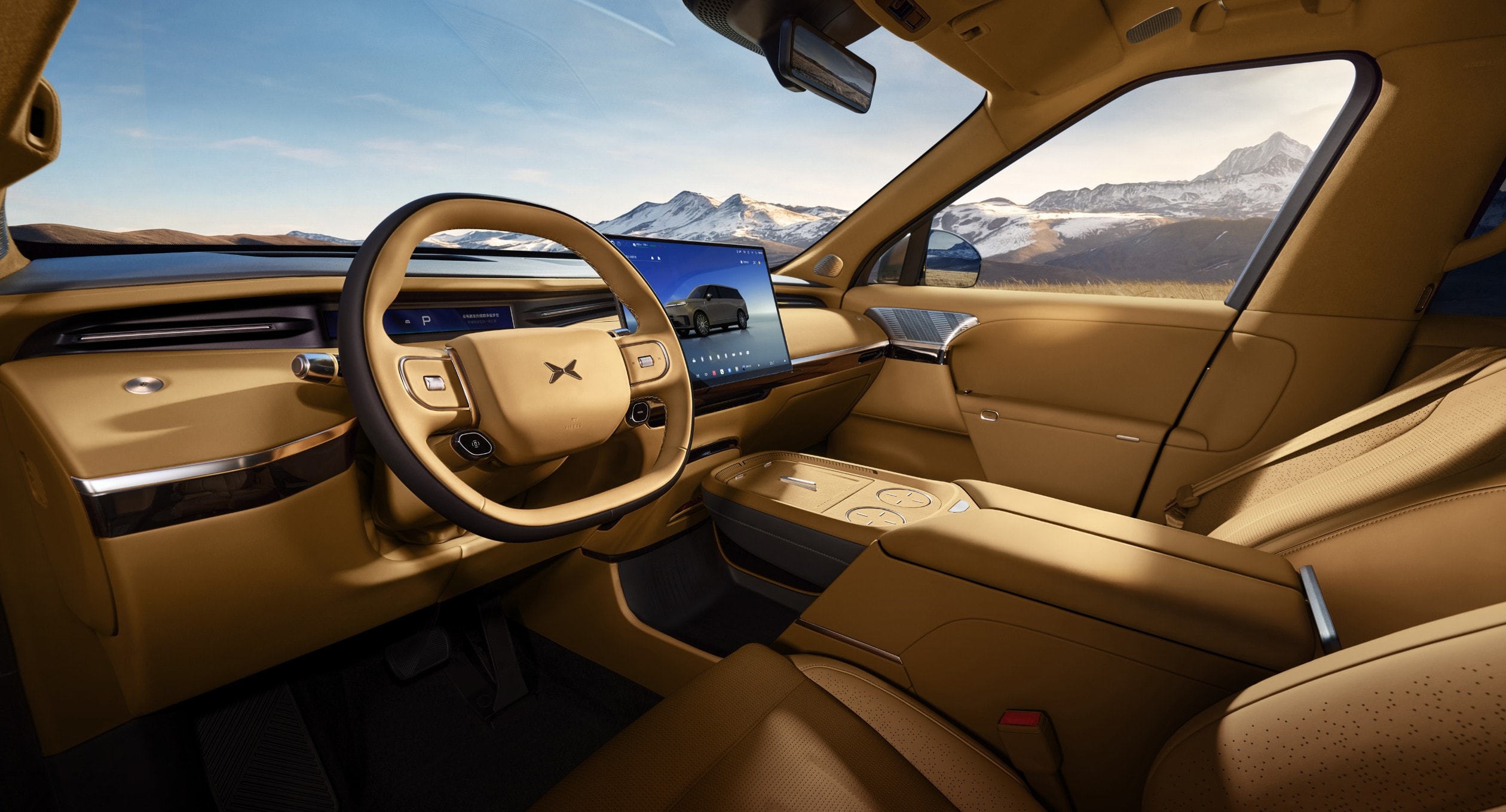 Xpeng GX Cockpit mit Steer-by-Wire-Lenkrad – 2-Speichen-Design und 17,3-Zoll-Touchscreen